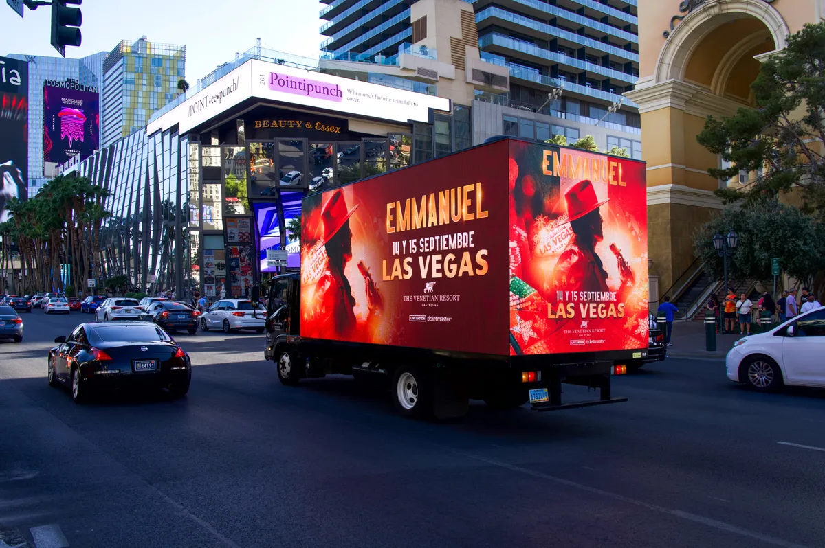 Las Vegas mobile billboard truck displaying Emmanuel concert on the Strip